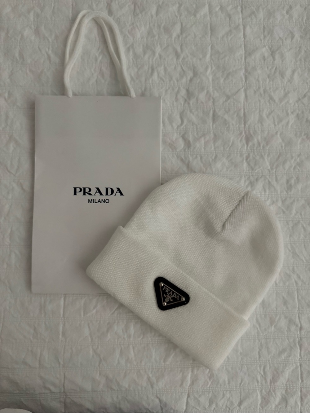 Prada White Logo Beanie